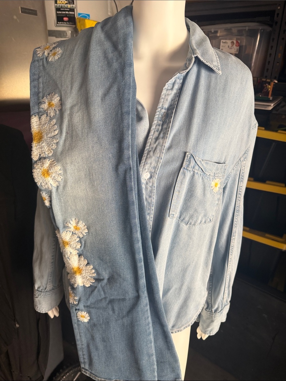 DRIFTWOOD Light Blue Denim Jeans with White & Yellow Daisy Embroid. together